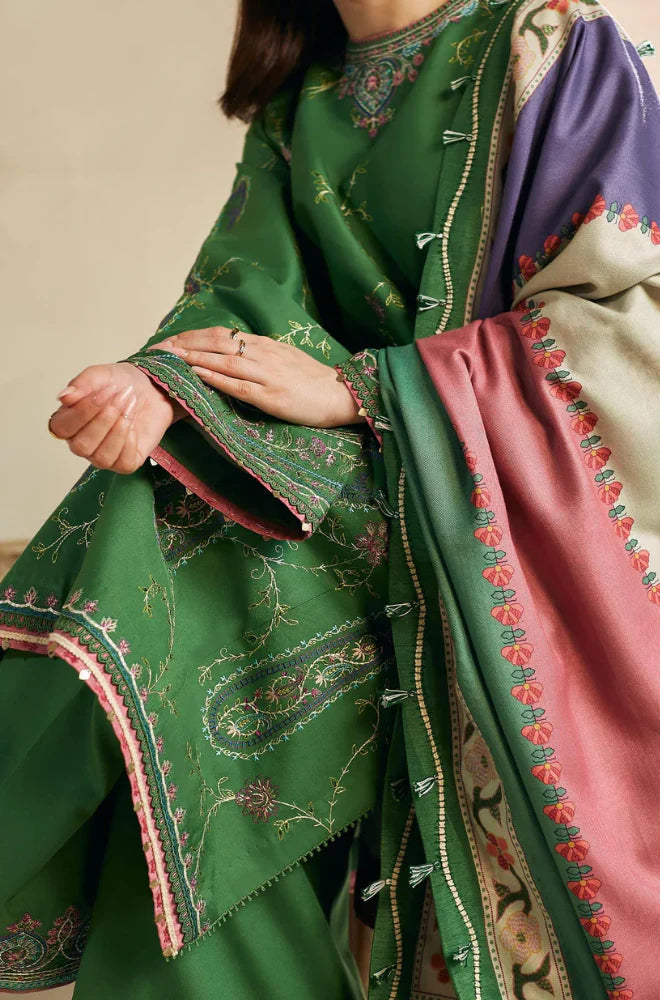ZARA SHAH JAHAN-3PC DHANAK EMBROIDERED SHIRT WITH  PRINTED SHAWL AND TROUSER