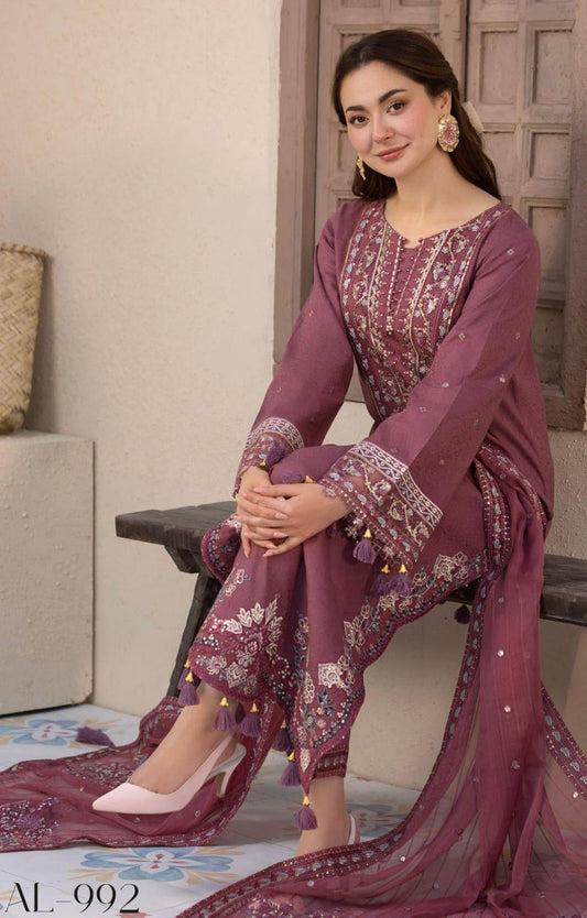 ALLY’S Unstitched Dhanak 3PC With Embroidered Shawl