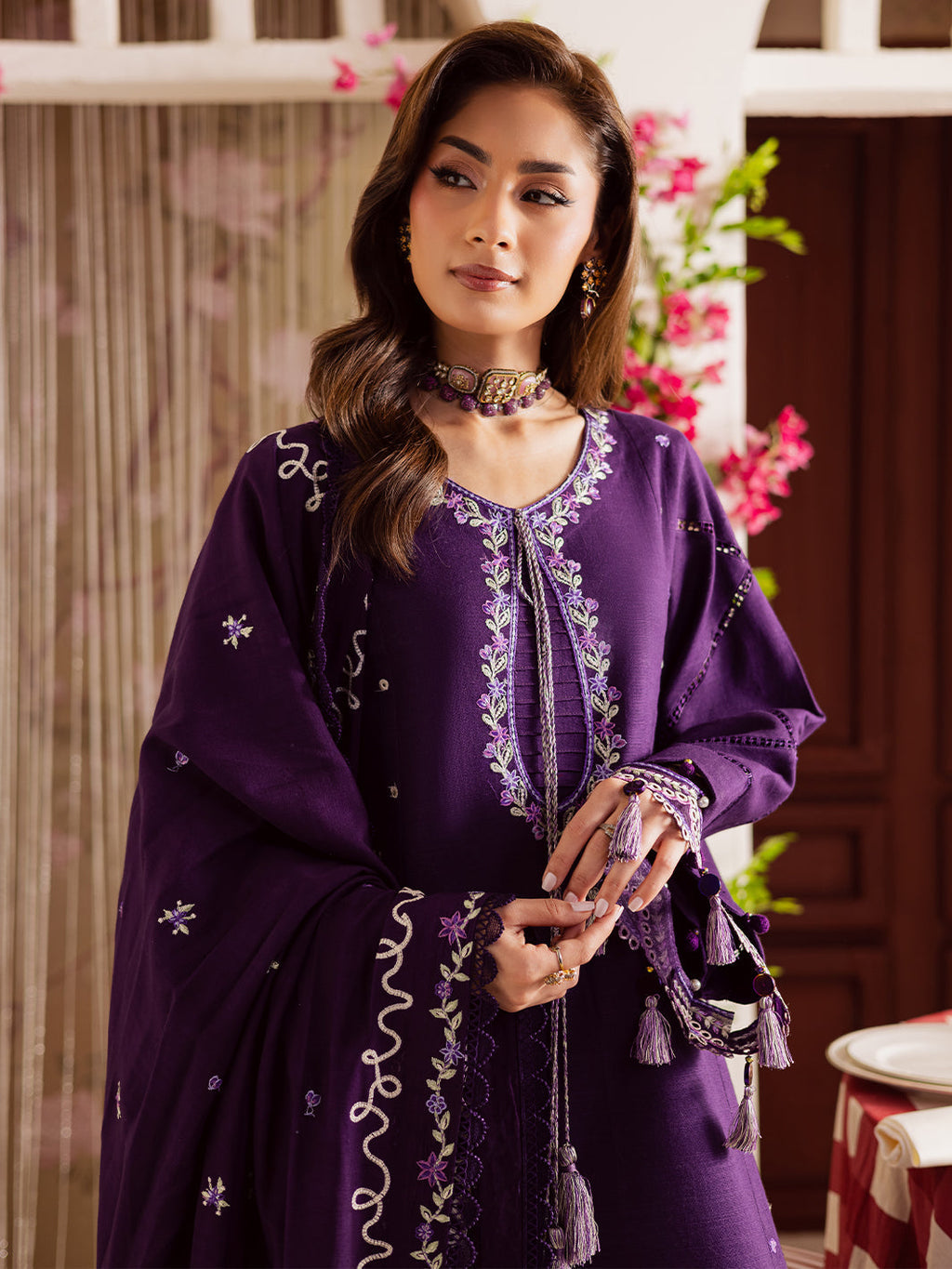 MAHNUR-3PC DHANAK EMBROIDERED SHIRT WITH DHANAK EMBROIDERED SHAWL & TROUSER