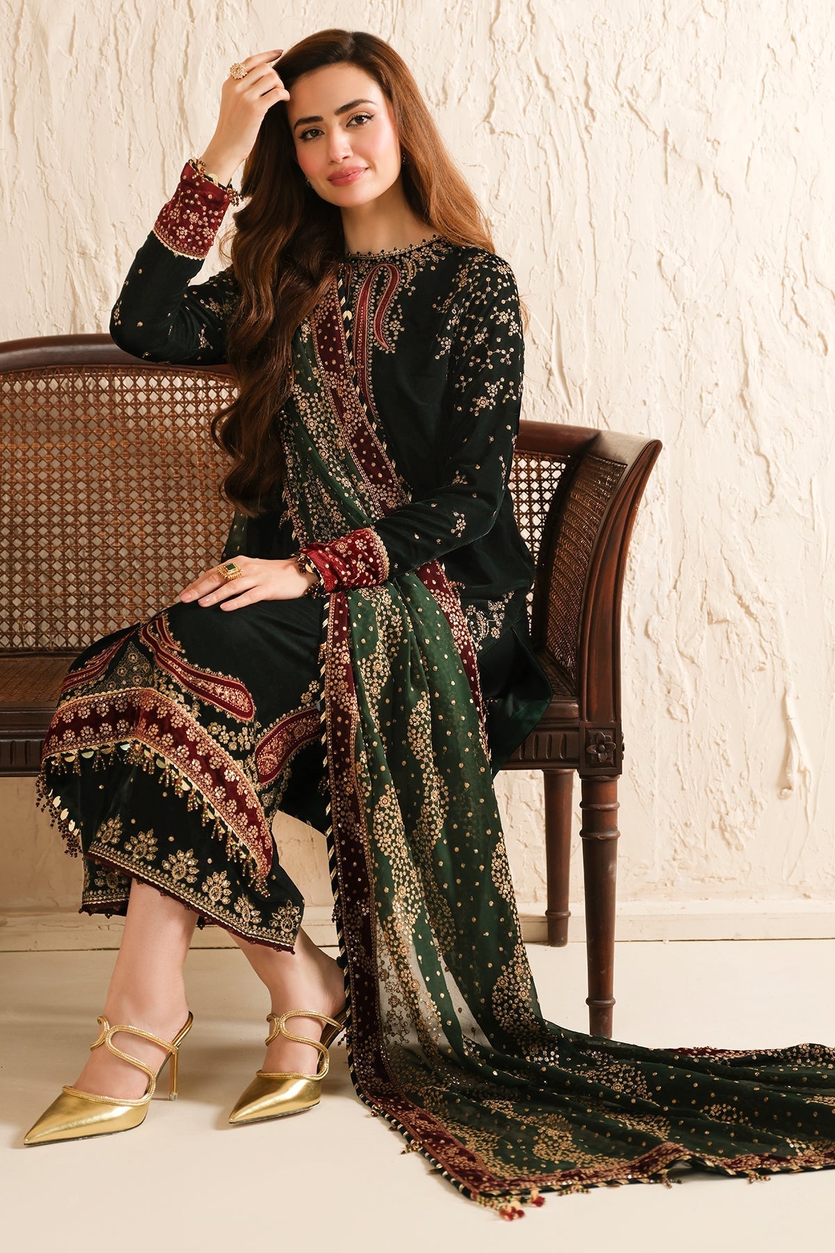 Jazmin 3PC Embroidered Velvet Suit with Embroidered Organza Dupatta