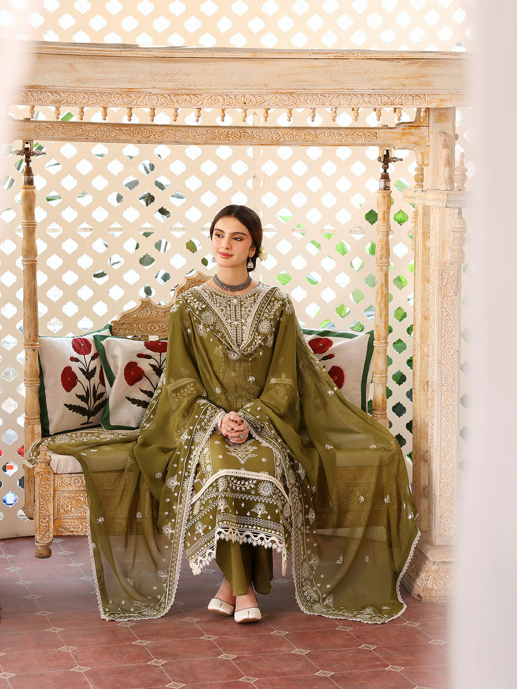 MAHNUR-3PC DHANAK EMBROIDERED SHIRT WITH DHANAK EMBROIDERED SHAWL & TROUSER