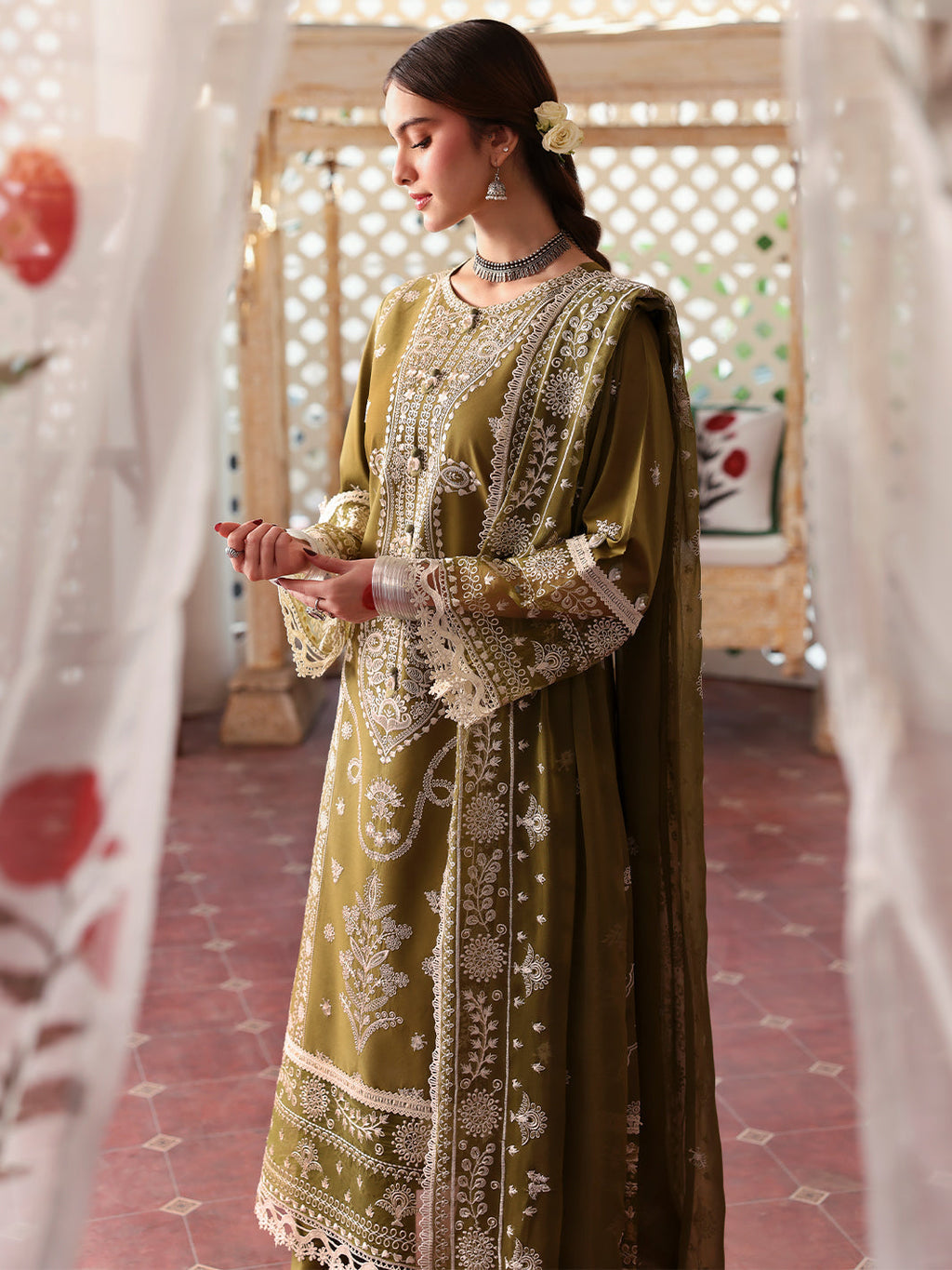 MAHNUR-3PC DHANAK EMBROIDERED SHIRT WITH DHANAK EMBROIDERED SHAWL & TROUSER