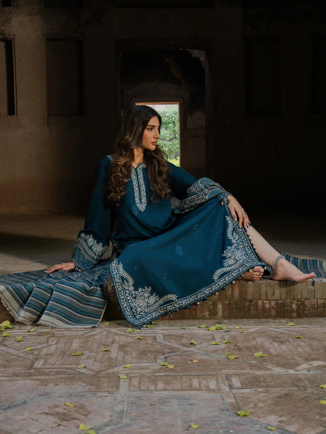 IZEL-3PC DHANAK EMBROIDERED SHIRT WITH COURTRAI PRINTED SHAWL & TROUSER
