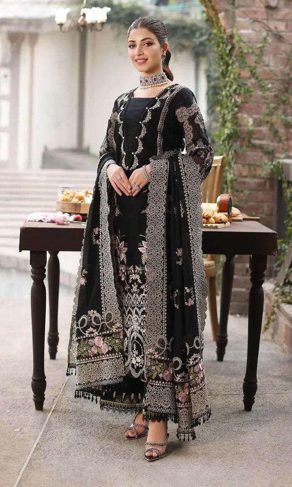 KAHF 3PC UNSTITCHED lawn 90/70 EMBROIDERED WITH EMBROIDERED SHAWL & PLAIN lawn 90/70 TROUSER