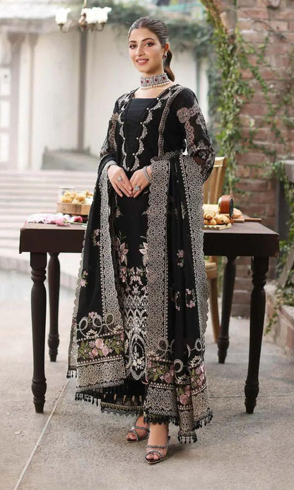 KAHF 3PC UNSTITCHED lawn 90/70 EMBROIDERED WITH EMBROIDERED SHAWL & PLAIN lawn 90/70 TROUSER