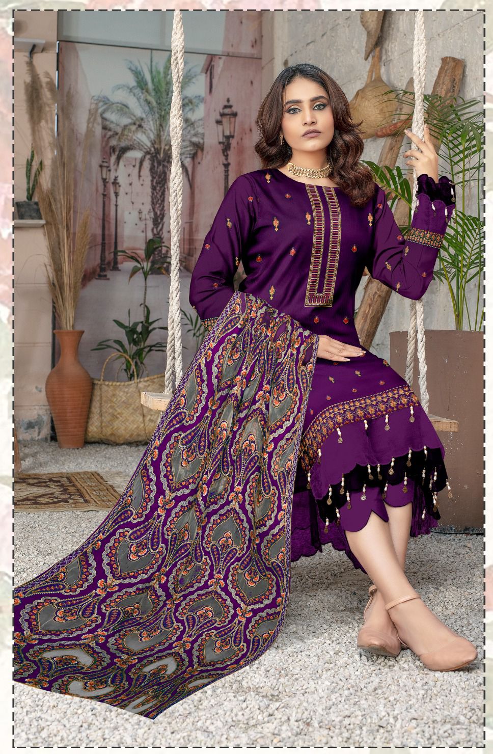 BAREEZE UNSTITCHED LUXURY DHANAK HAVEY EMBROIDERED 3PC SUIT WITH HEAVY EMBROIDERED LASER CUT SHAWL