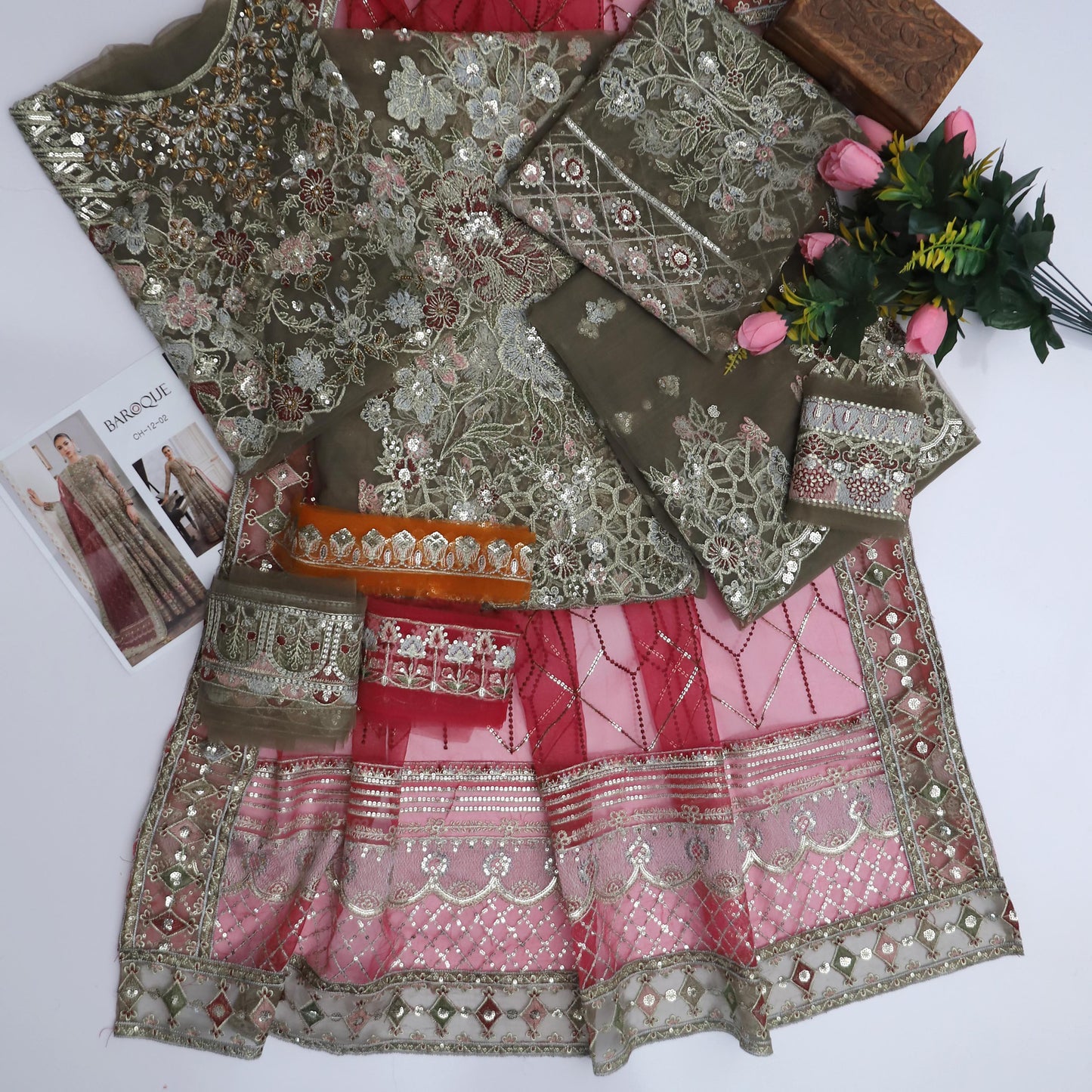 Baroque Embroidered Sequins Net Front Body With Ada-Worked