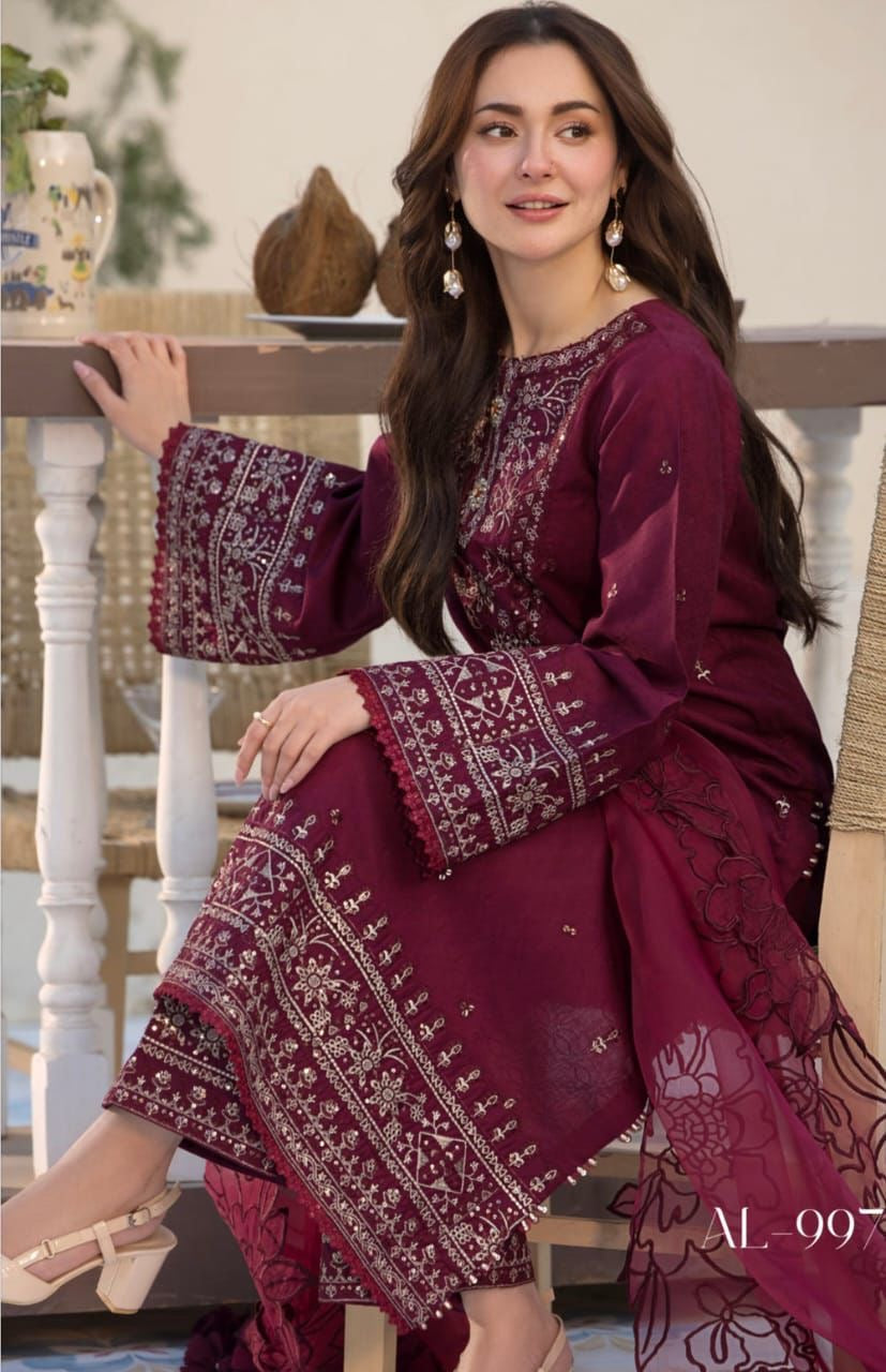 ALLEY'S UNSTITCHED Lawn EMBROIDERED 3PC WITH SHAWL