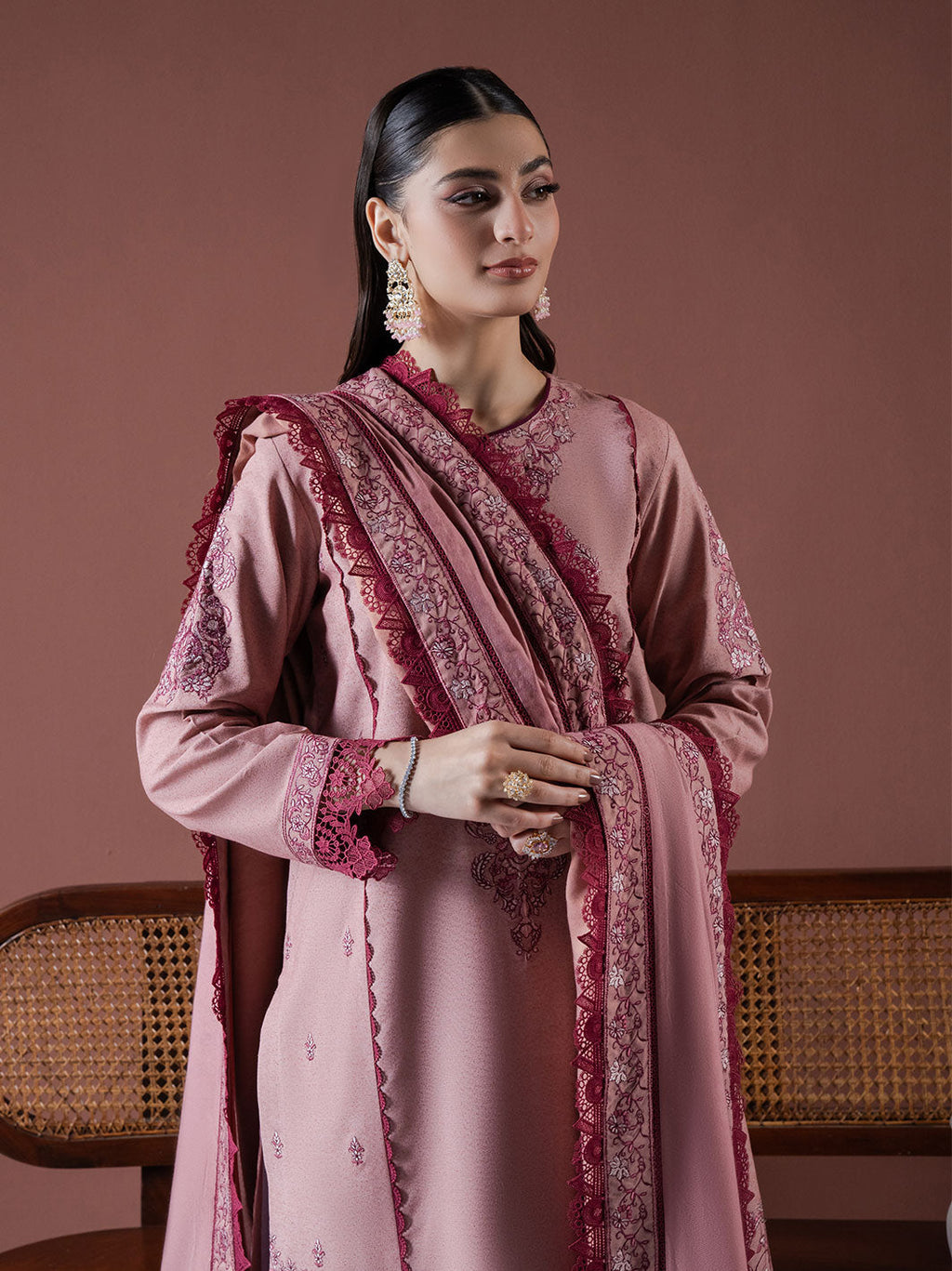 ASIM JOFA-3PC DHANAK EMBROIDERED SHIRT WITH DHANAK EMBROIDERED SHAWL & TROUSER