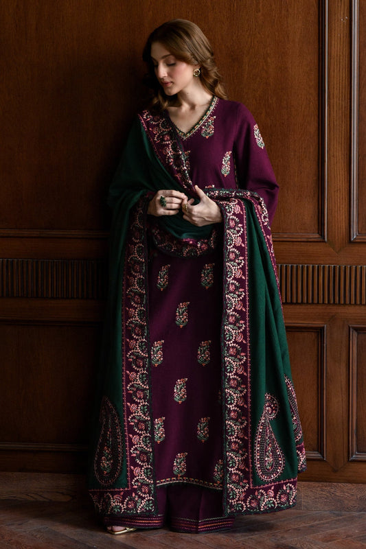 ZAIB DEEP PLUM LUXURY EMBROIDERY DHANAK 3PC WITH EMBROIDERED SHAWL AND TROUSER