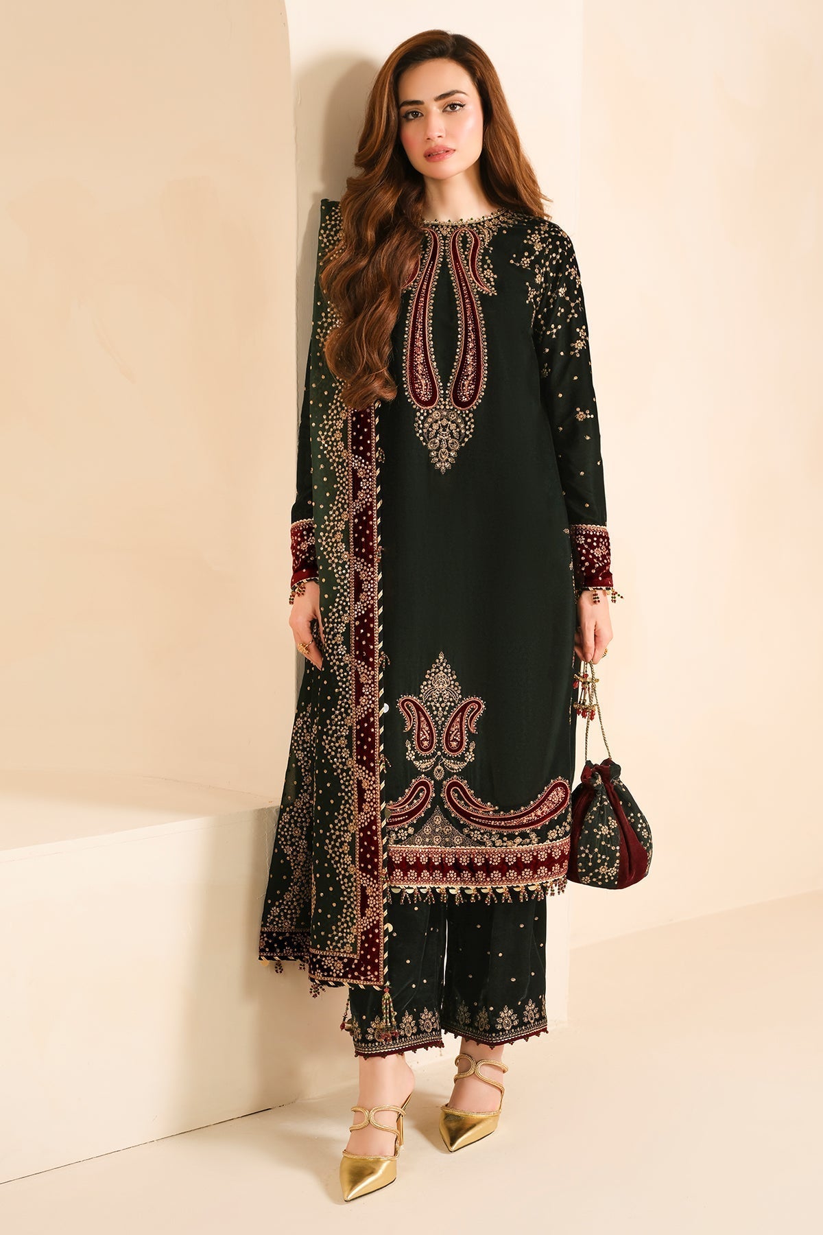 Jazmin 3PC Embroidered Velvet Suit with Embroidered Organza Dupatta