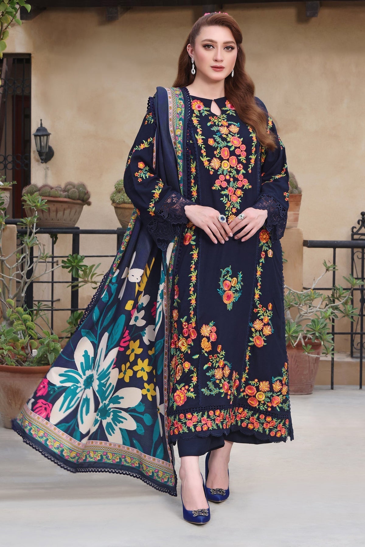 ASIM JOFA-3PC DHANAK EMBROIDERED SHIRT WITH COURTRAI PRINTED SHAWL & TROUSER