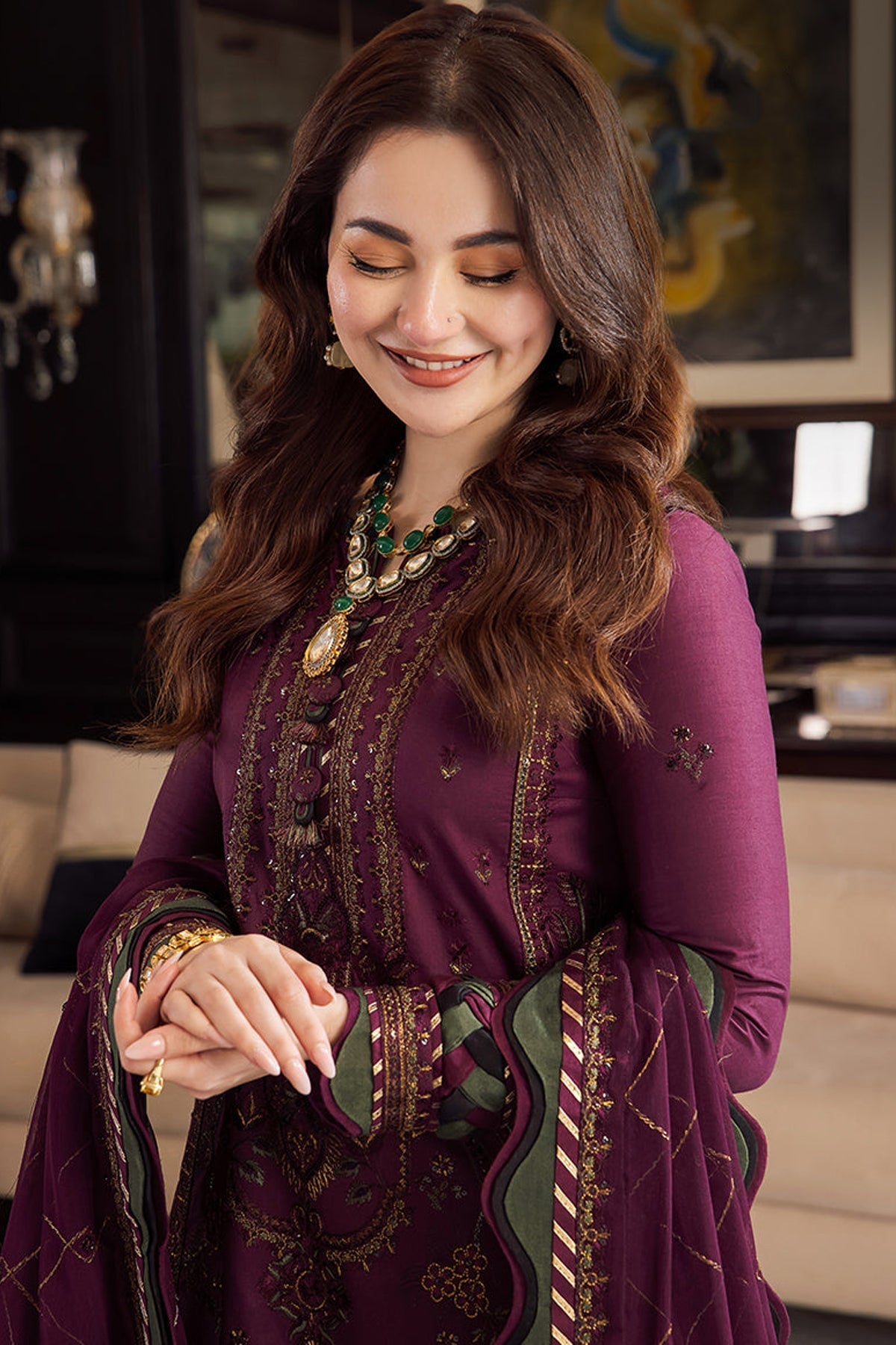 ASIM JOFA-3PC DHANAK EMBROIDERED SHIRT WITH DHANAK EMBROIDERED SHAWL AND DHANAK EMBROIDERED TROUSER