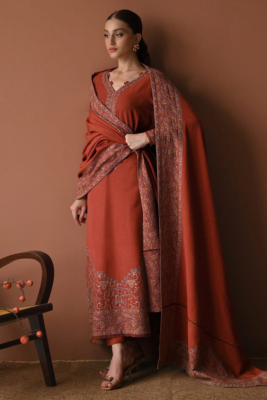 ZAIB_3PC DHANAK EMBROIDERED SHIRT WITH DHANAK EMBROIDERED SHAWL AND TROUSER