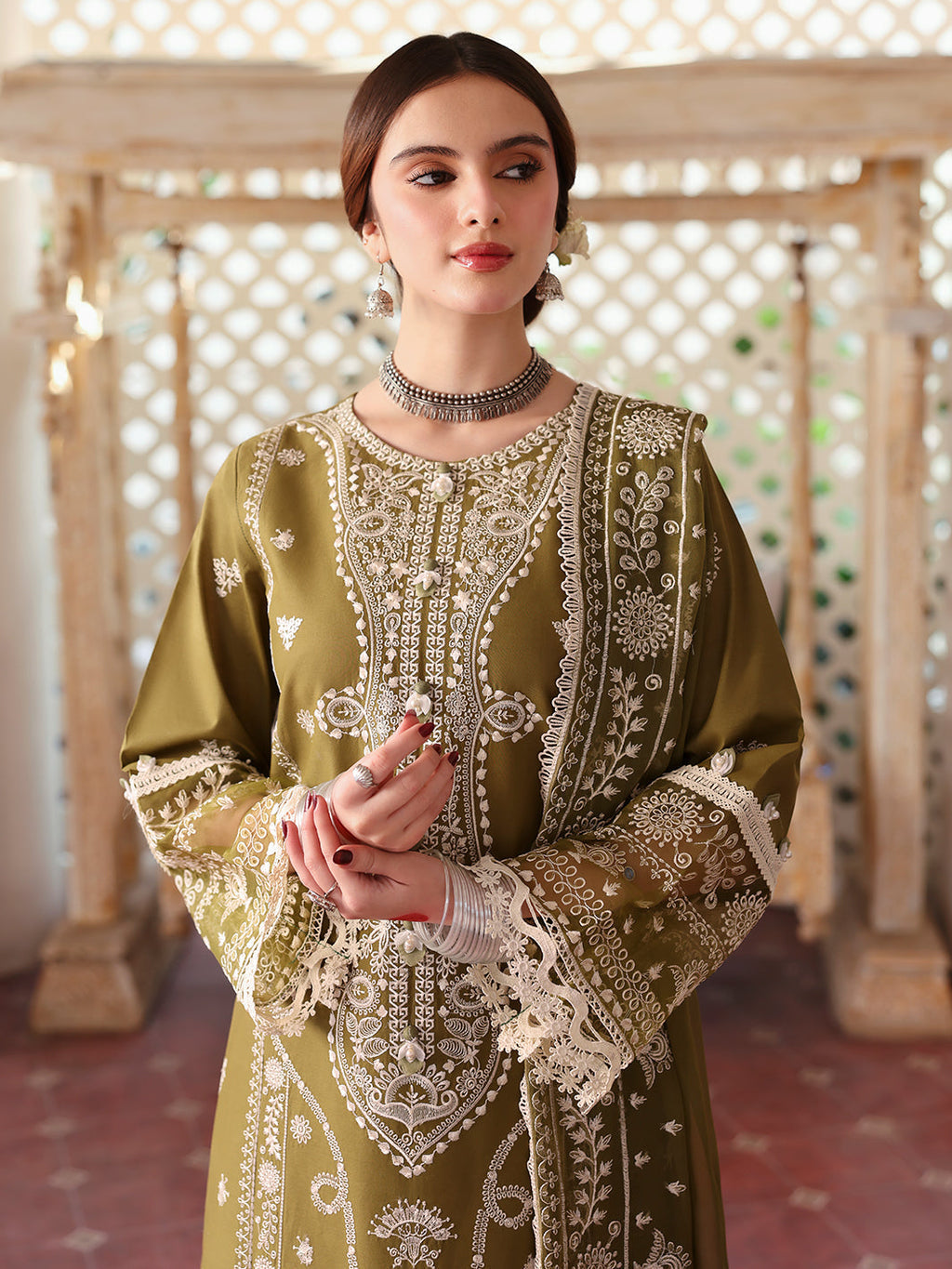 MAHNUR-3PC DHANAK EMBROIDERED SHIRT WITH DHANAK EMBROIDERED SHAWL & TROUSER