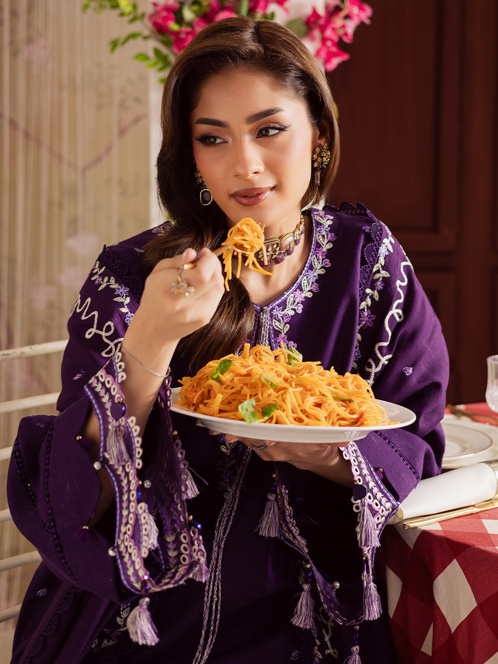 MAHNUR-3PC DHANAK EMBROIDERED SHIRT WITH DHANAK EMBROIDERED SHAWL & TROUSER