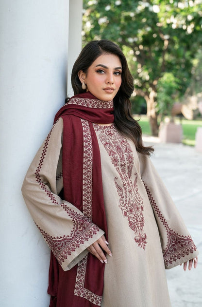 Baroque - 3PC Unstitched Dhanak Embroidered Shirt with  Dhanak EMBROIDERED Trousers with Printed PASHMINA WOOL SHAWL