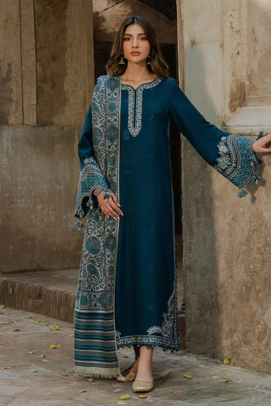 IZEL-3PC DHANAK EMBROIDERED SHIRT WITH COURTRAI PRINTED SHAWL & TROUSER