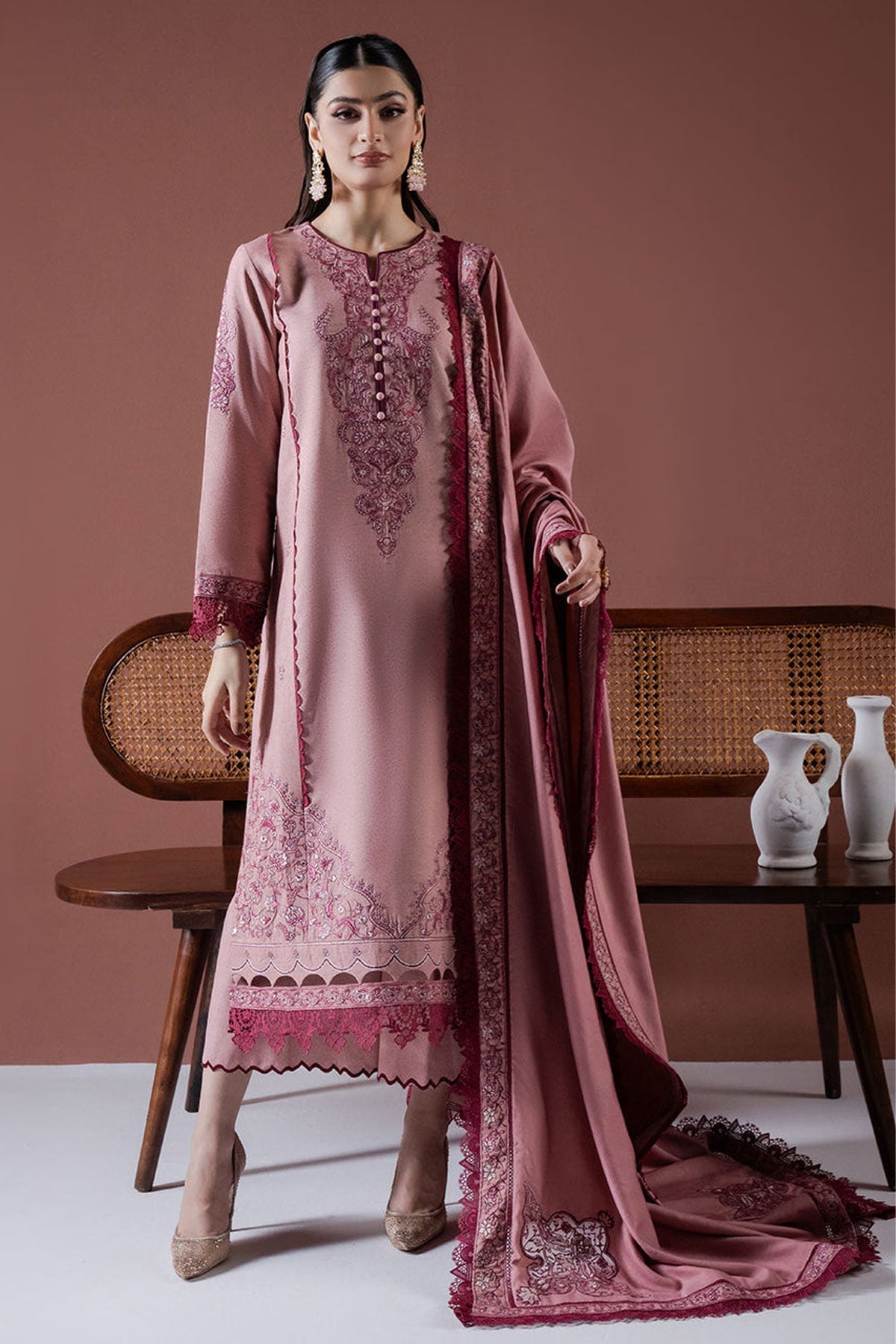 ASIM JOFA-3PC DHANAK EMBROIDERED SHIRT WITH DHANAK EMBROIDERED SHAWL & TROUSER