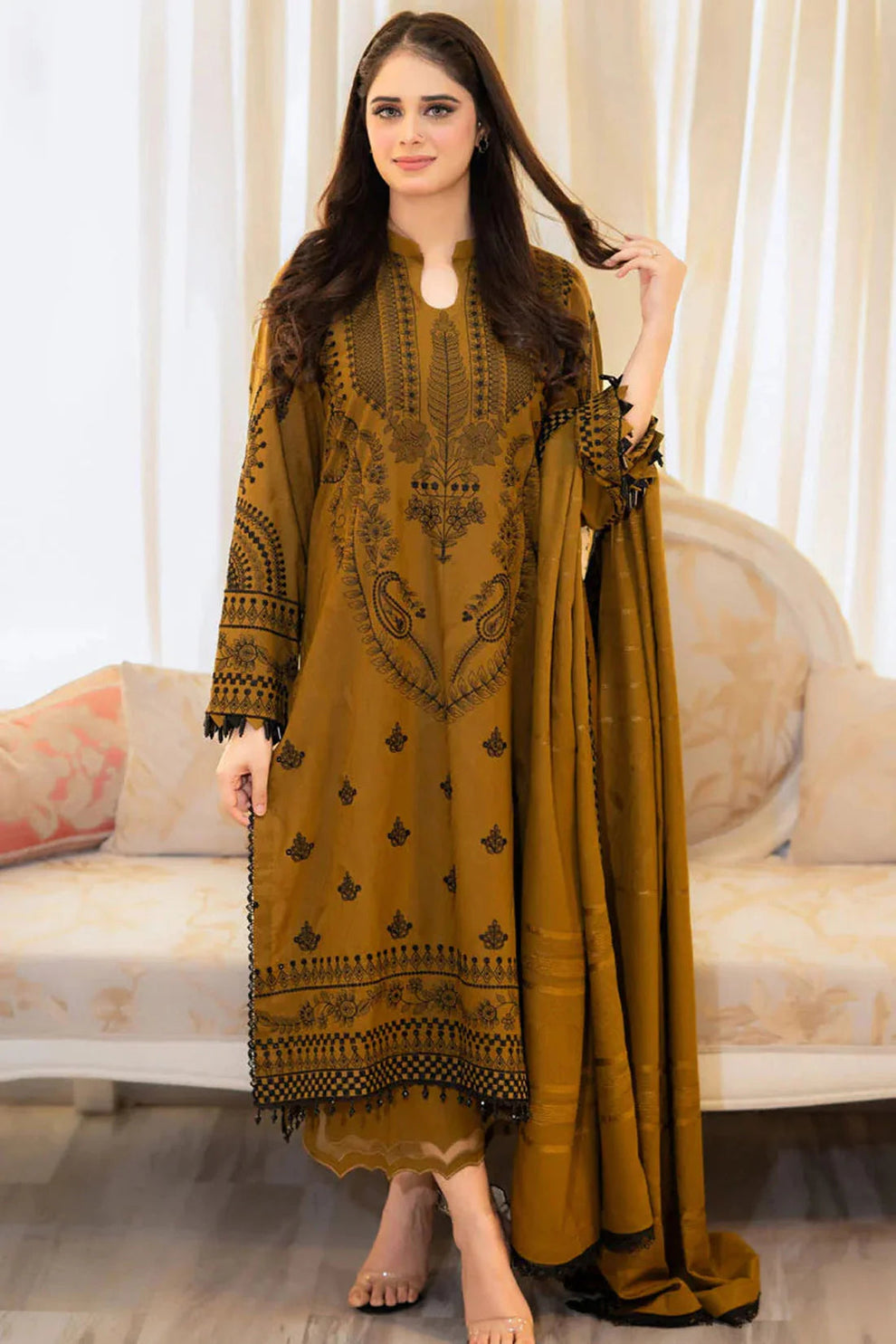 LIBAAS-3PC lawn EMBROIDERED SHIRT WITH BAMBER CHIFFON EMBROIDERED DUPATTA&  TROUSER