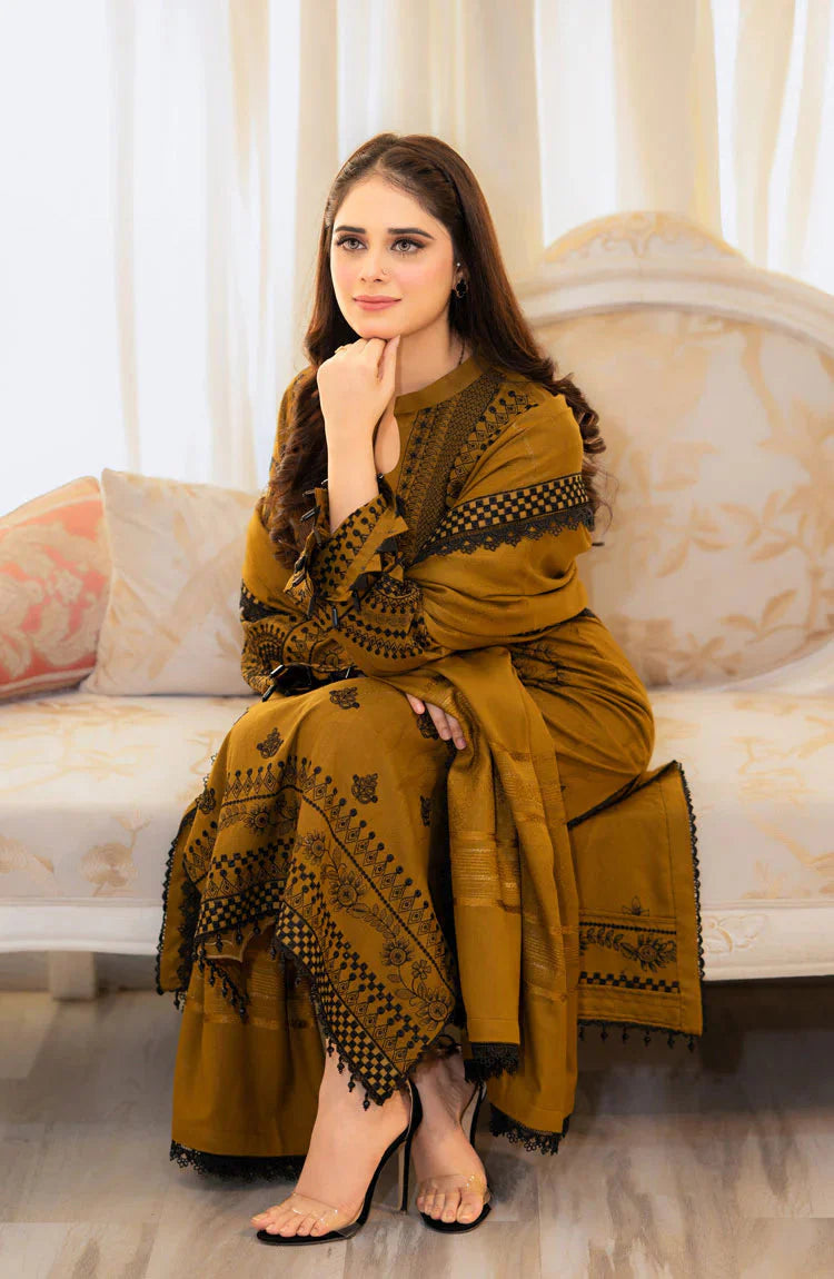 LIBAAS-3PC lawn EMBROIDERED SHIRT WITH BAMBER CHIFFON EMBROIDERED DUPATTA&  TROUSER