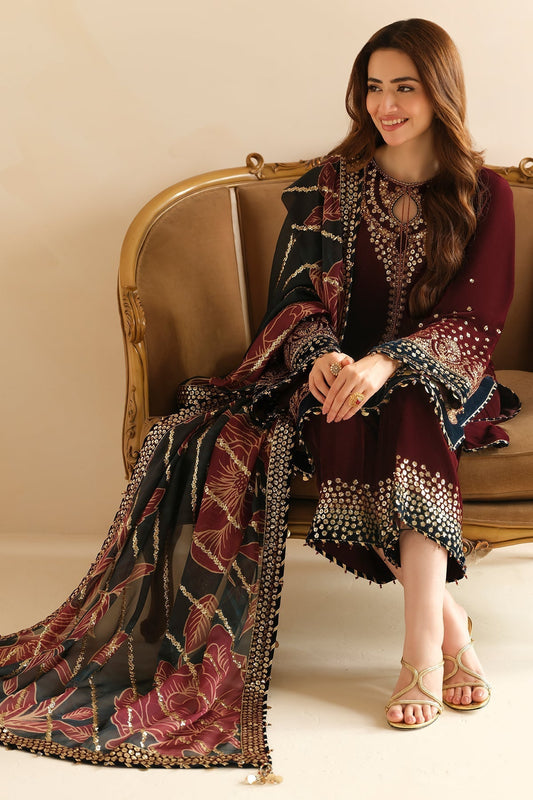 Jazmin 3PC Embroidered Velvet Suit with Embroidered Organza Dupatta