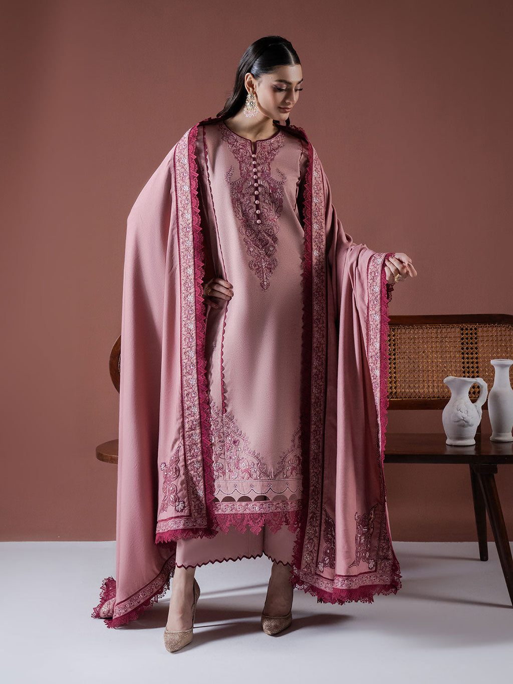 ASIM JOFA-3PC DHANAK EMBROIDERED SHIRT WITH DHANAK EMBROIDERED SHAWL & TROUSER