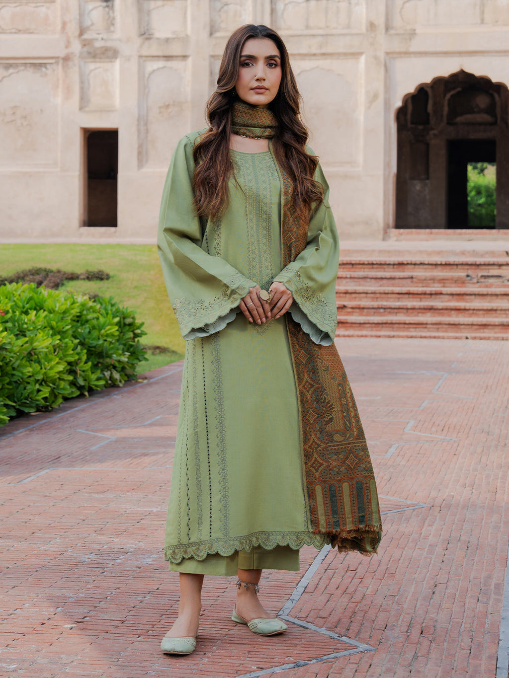IZEL-3PC DHANAK EMBROIDERED SHIRT WITH COURTRAI PRINTED SHAWL & TROUSER