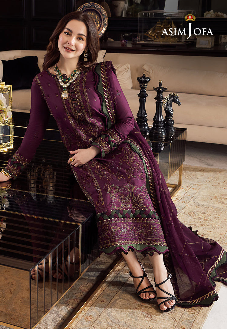 ASIM JOFA-3PC DHANAK EMBROIDERED SHIRT WITH DHANAK EMBROIDERED SHAWL AND DHANAK EMBROIDERED TROUSER