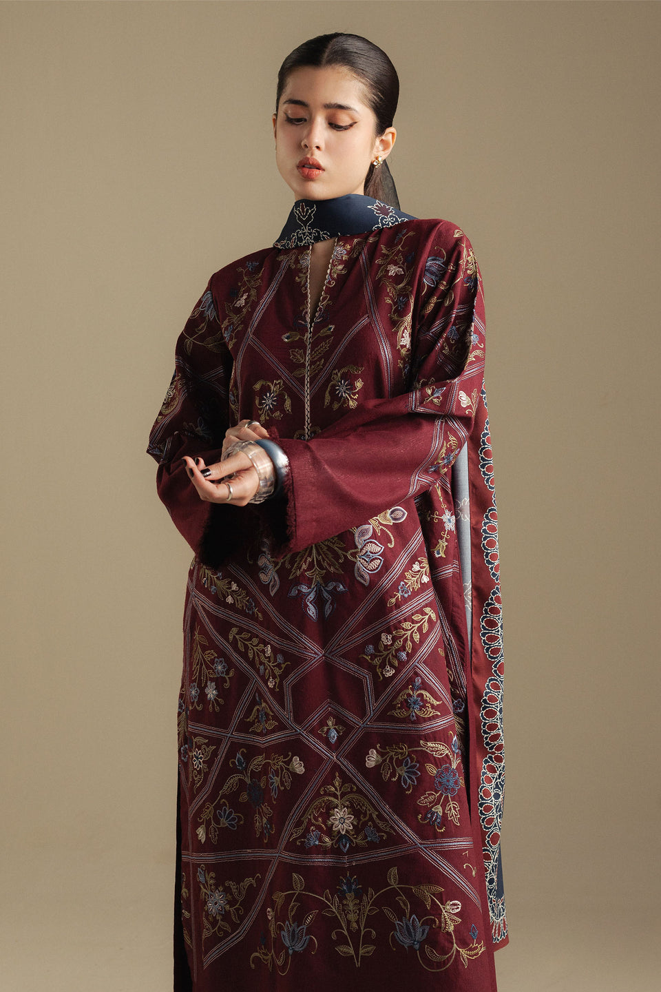 CoCo BY ZARA SHAHJAHAN LUXURY UNSTITCHED WINTER DHANAK EMBROIDERED 3PC WITH PRINTED PASHMINA WOOL SHAWL